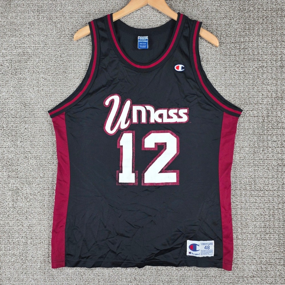 Vintage 90s Champion UMass Minutemen Basketball Jersey Mens 48 Black Red‎ USA